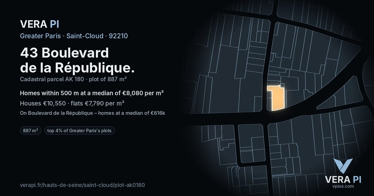 43 Boulevard de la République, Saint-Cloud at night – the plot lit, the parcels around coloured by the prices near them