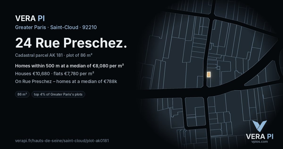 24 Rue Preschez, Saint-Cloud at night – the plot lit, the parcels around coloured by the prices near them