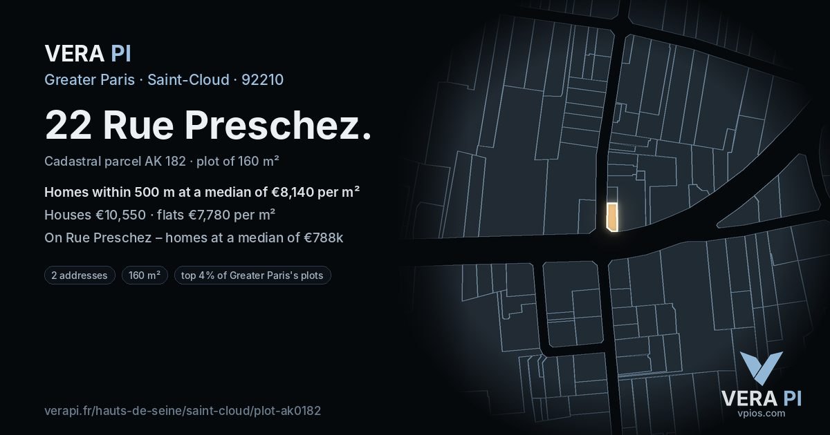 22 Rue Preschez, Saint-Cloud at night – the plot lit, the parcels around coloured by the prices near them