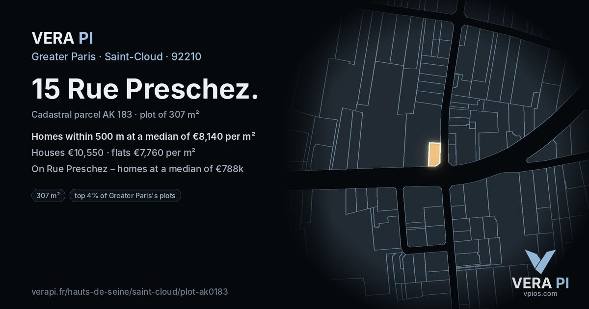 15 Rue Preschez, Saint-Cloud at night – the plot lit, the parcels around coloured by the prices near them