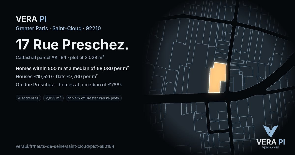 17 Rue Preschez, Saint-Cloud at night – the plot lit, the parcels around coloured by the prices near them