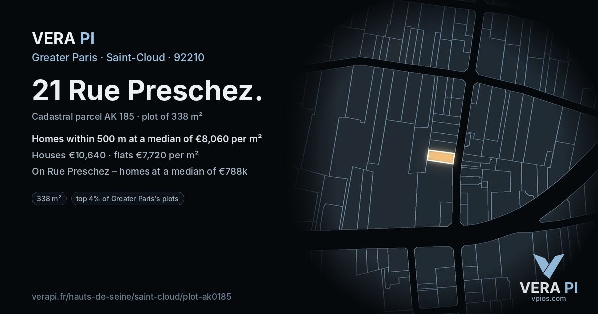 21 Rue Preschez, Saint-Cloud at night – the plot lit, the parcels around coloured by the prices near them