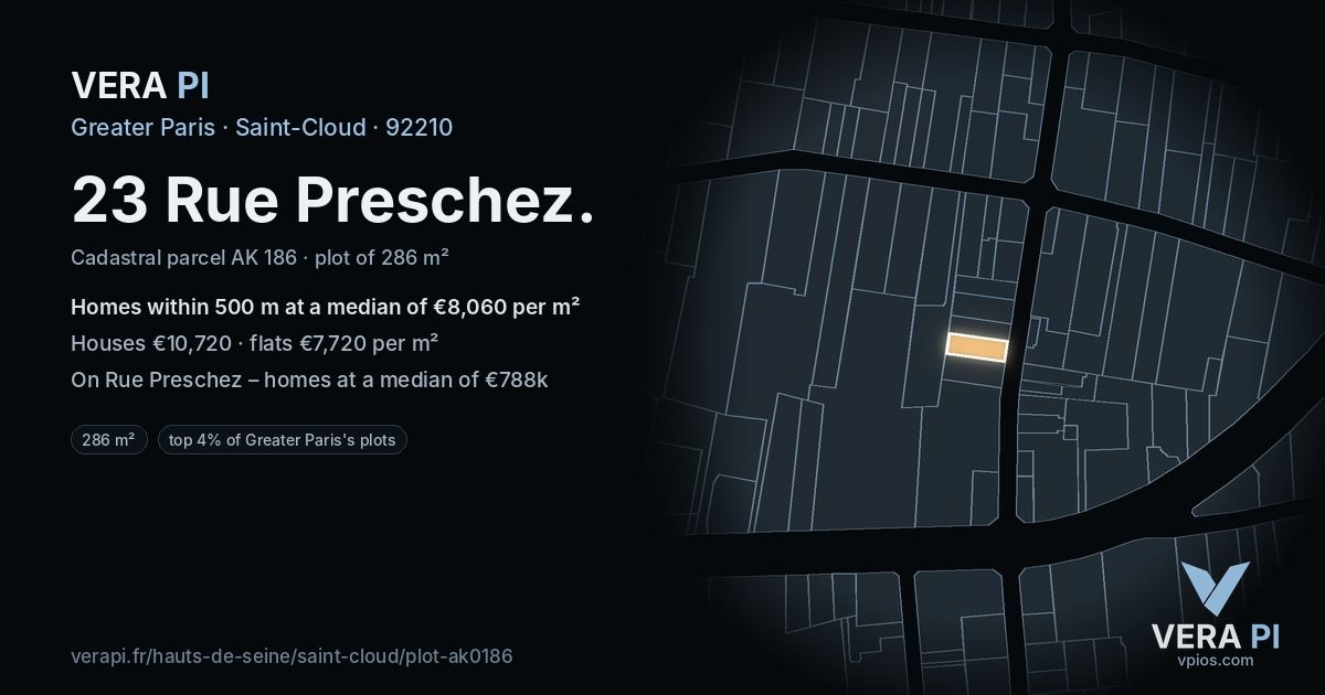 23 Rue Preschez, Saint-Cloud at night – the plot lit, the parcels around coloured by the prices near them