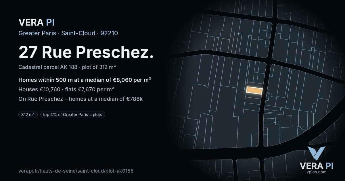 27 Rue Preschez, Saint-Cloud at night – the plot lit, the parcels around coloured by the prices near them