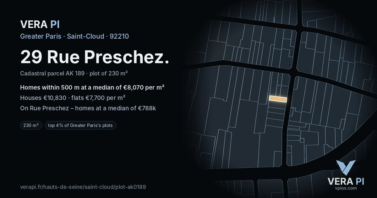 29 Rue Preschez, Saint-Cloud at night – the plot lit, the parcels around coloured by the prices near them
