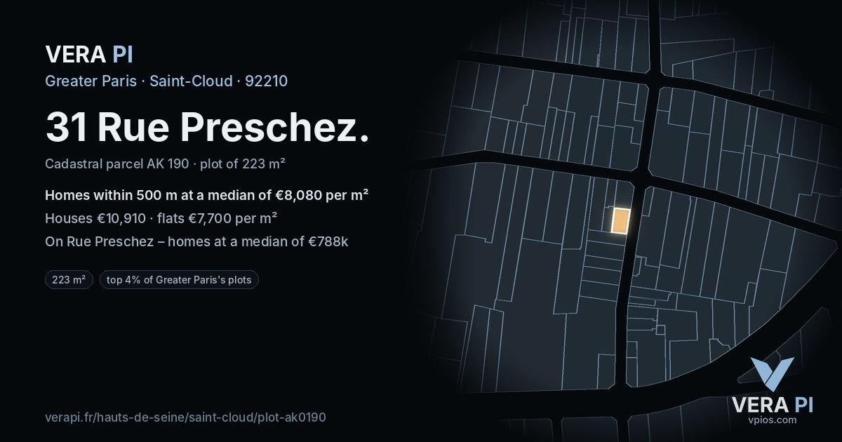 31 Rue Preschez, Saint-Cloud at night – the plot lit, the parcels around coloured by the prices near them