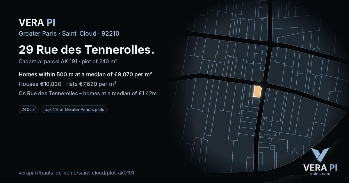 29 Rue des Tennerolles, Saint-Cloud at night – the plot lit, the parcels around coloured by the prices near them