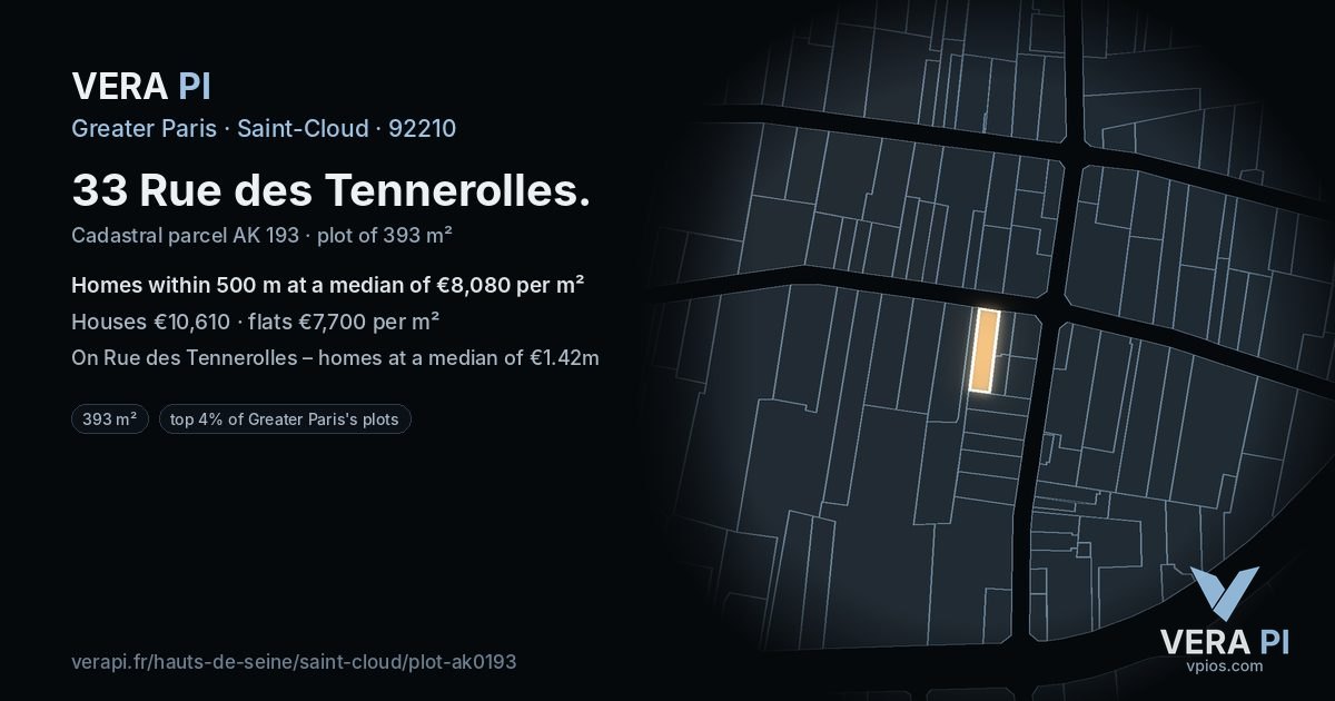 33 Rue des Tennerolles, Saint-Cloud at night – the plot lit, the parcels around coloured by the prices near them