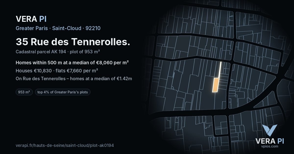 35 Rue des Tennerolles, Saint-Cloud at night – the plot lit, the parcels around coloured by the prices near them