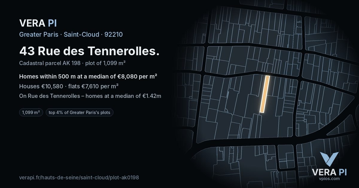 43 Rue des Tennerolles, Saint-Cloud at night – the plot lit, the parcels around coloured by the prices near them