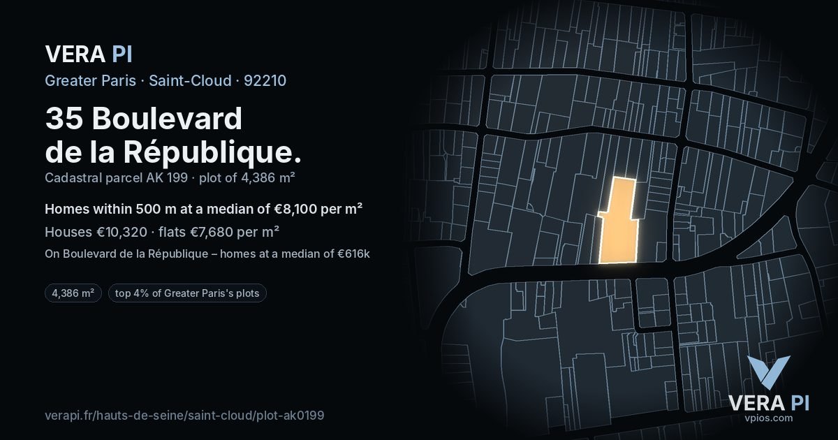 35 Boulevard de la République, Saint-Cloud at night – the plot lit, the parcels around coloured by the prices near them