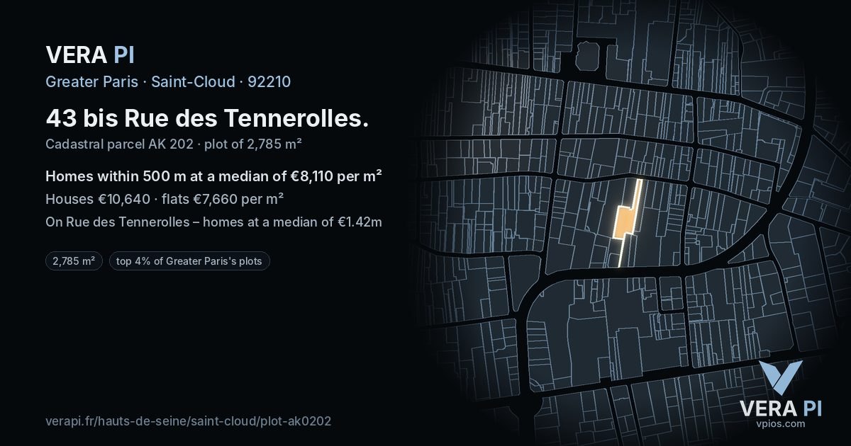 43 bis Rue des Tennerolles, Saint-Cloud at night – the plot lit, the parcels around coloured by the prices near them