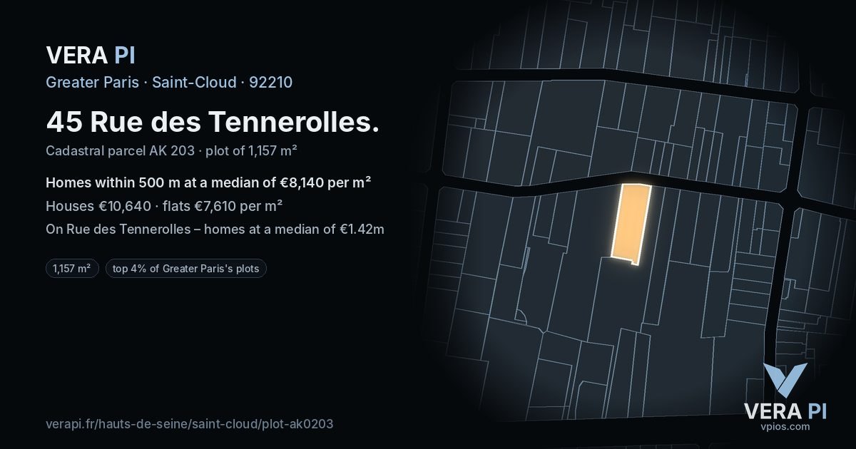 45 Rue des Tennerolles, Saint-Cloud at night – the plot lit, the parcels around coloured by the prices near them