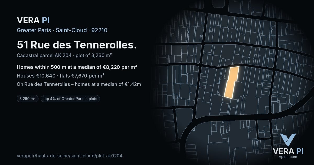 51 Rue des Tennerolles, Saint-Cloud at night – the plot lit, the parcels around coloured by the prices near them