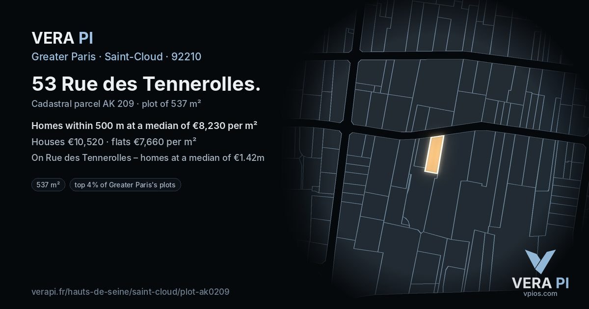 53 Rue des Tennerolles, Saint-Cloud at night – the plot lit, the parcels around coloured by the prices near them
