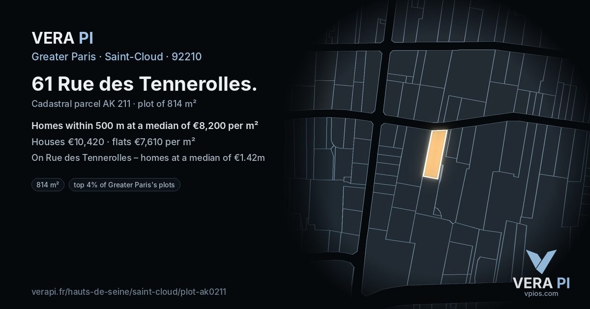61 Rue des Tennerolles, Saint-Cloud at night – the plot lit, the parcels around coloured by the prices near them
