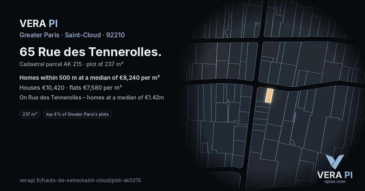 65 Rue des Tennerolles, Saint-Cloud at night – the plot lit, the parcels around coloured by the prices near them