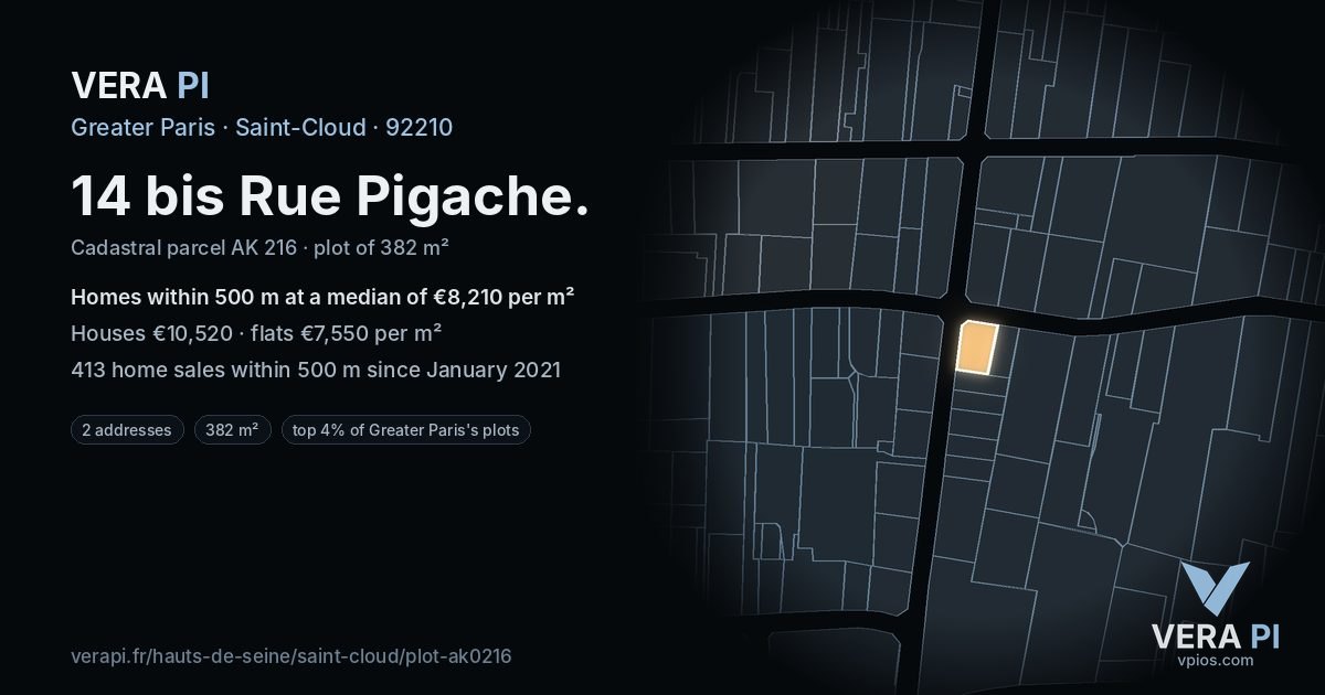 14 bis Rue Pigache, Saint-Cloud at night – the plot lit, the parcels around coloured by the prices near them