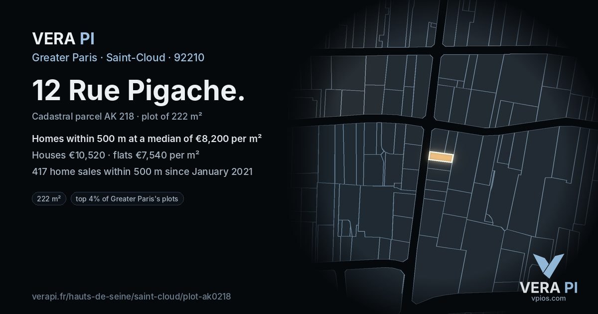 12 Rue Pigache, Saint-Cloud at night – the plot lit, the parcels around coloured by the prices near them