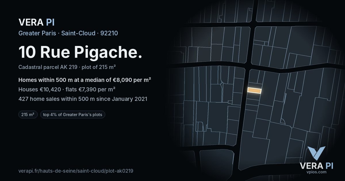 10 Rue Pigache, Saint-Cloud at night – the plot lit, the parcels around coloured by the prices near them