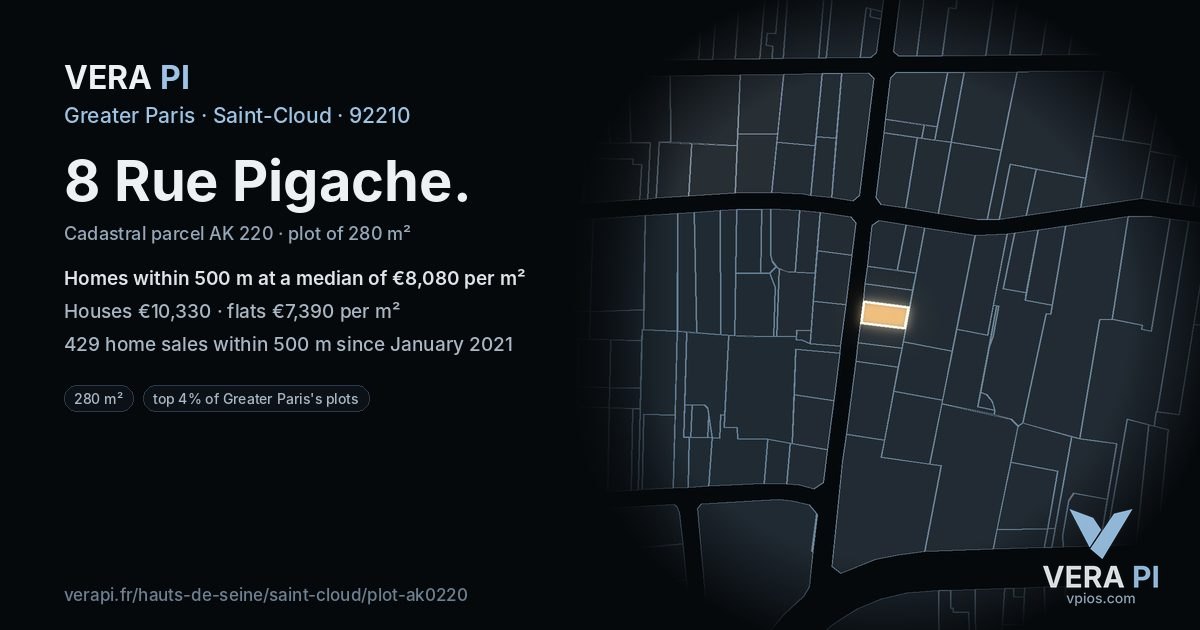 8 Rue Pigache, Saint-Cloud at night – the plot lit, the parcels around coloured by the prices near them