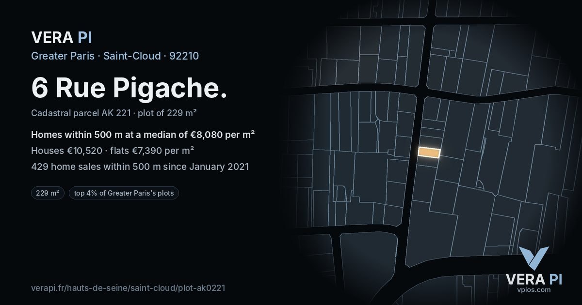 6 Rue Pigache, Saint-Cloud at night – the plot lit, the parcels around coloured by the prices near them