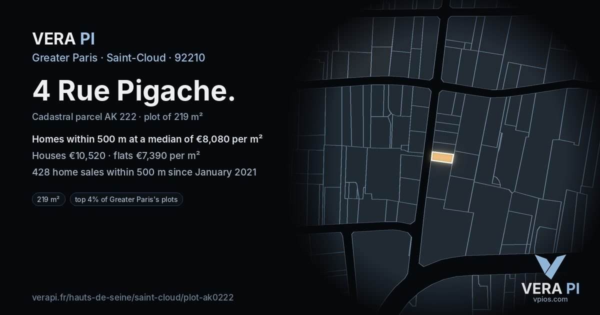 4 Rue Pigache, Saint-Cloud at night – the plot lit, the parcels around coloured by the prices near them
