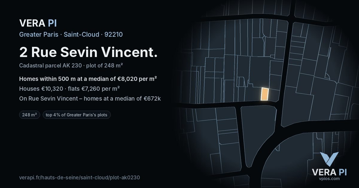2 Rue Sevin Vincent, Saint-Cloud at night – the plot lit, the parcels around coloured by the prices near them