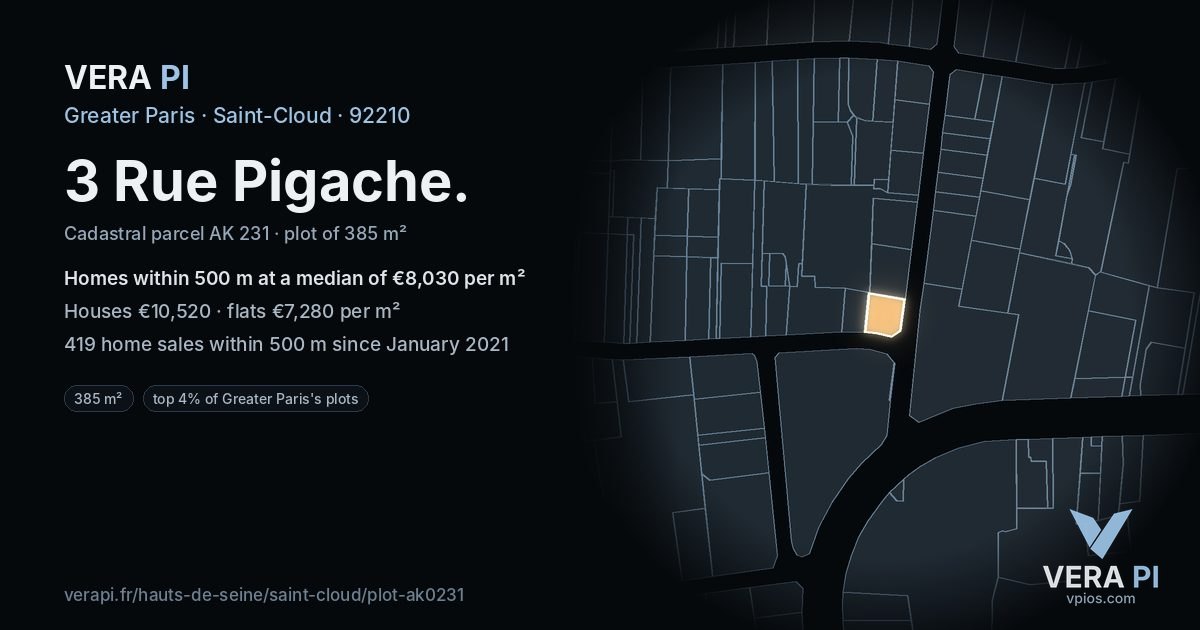 3 Rue Pigache, Saint-Cloud at night – the plot lit, the parcels around coloured by the prices near them