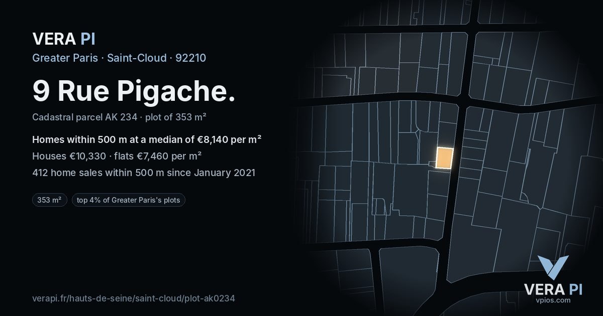 9 Rue Pigache, Saint-Cloud at night – the plot lit, the parcels around coloured by the prices near them