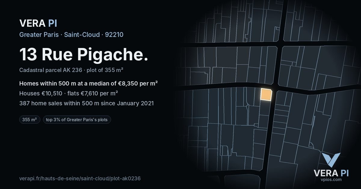13 Rue Pigache, Saint-Cloud at night – the plot lit, the parcels around coloured by the prices near them