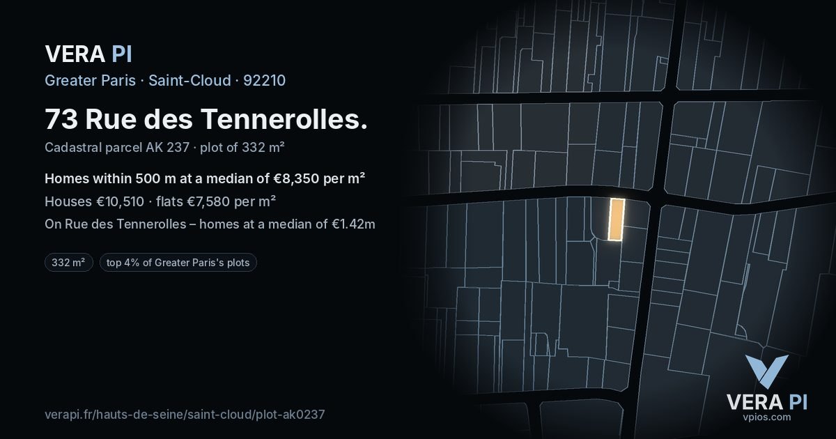 73 Rue des Tennerolles, Saint-Cloud at night – the plot lit, the parcels around coloured by the prices near them