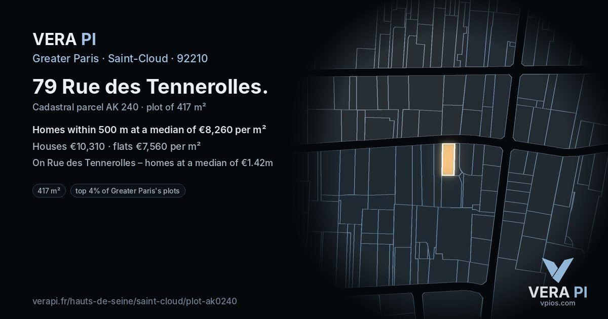 79 Rue des Tennerolles, Saint-Cloud at night – the plot lit, the parcels around coloured by the prices near them