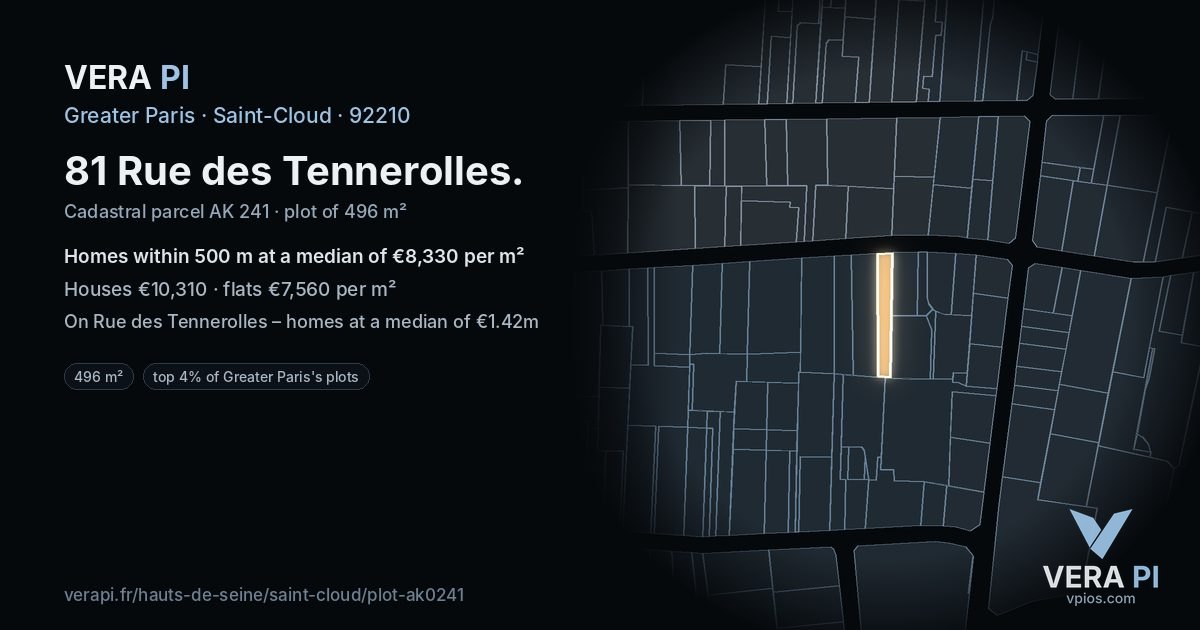 81 Rue des Tennerolles, Saint-Cloud at night – the plot lit, the parcels around coloured by the prices near them