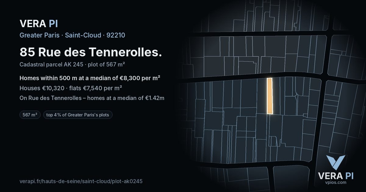85 Rue des Tennerolles, Saint-Cloud at night – the plot lit, the parcels around coloured by the prices near them