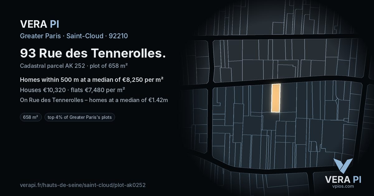 93 Rue des Tennerolles, Saint-Cloud at night – the plot lit, the parcels around coloured by the prices near them