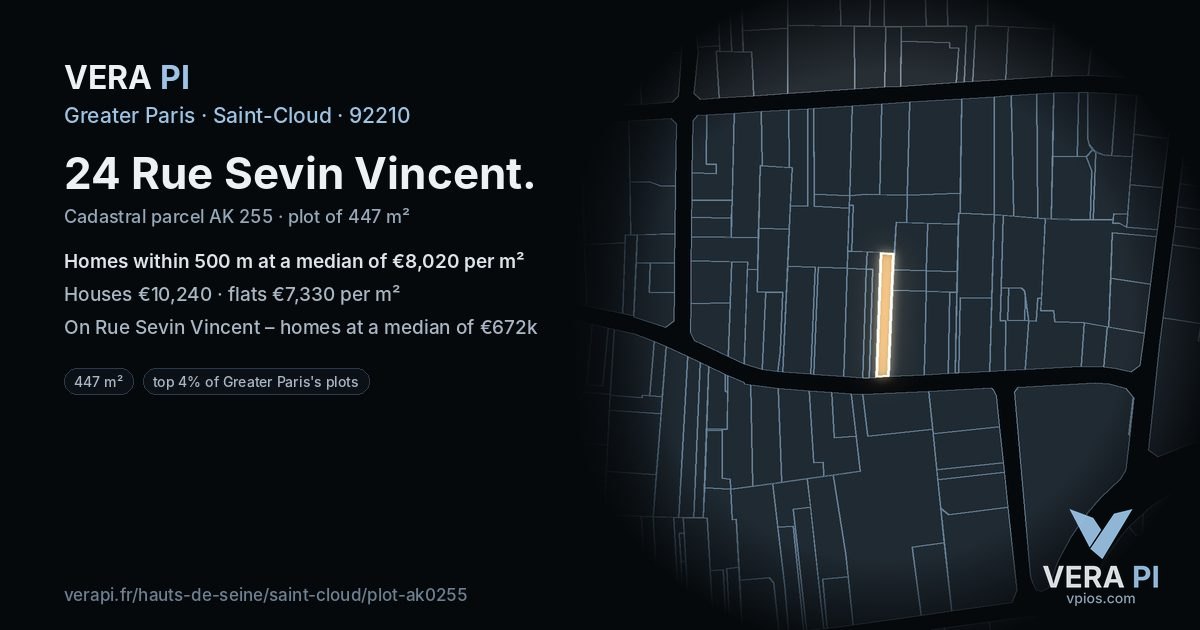 24 Rue Sevin Vincent, Saint-Cloud at night – the plot lit, the parcels around coloured by the prices near them