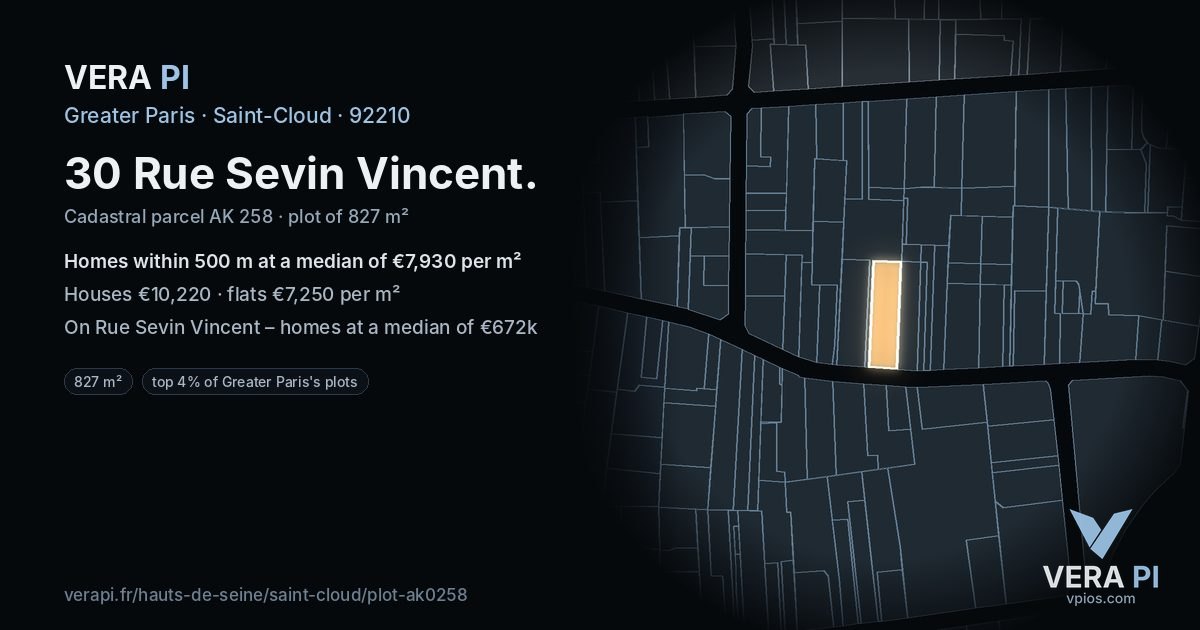 30 Rue Sevin Vincent, Saint-Cloud at night – the plot lit, the parcels around coloured by the prices near them