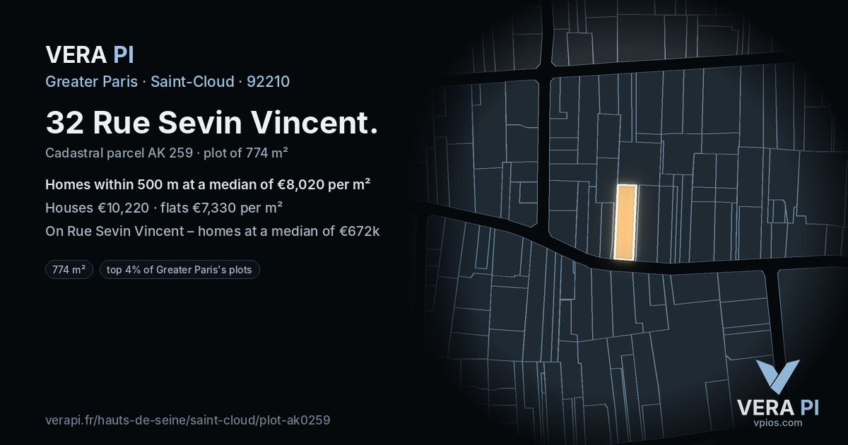 32 Rue Sevin Vincent, Saint-Cloud at night – the plot lit, the parcels around coloured by the prices near them