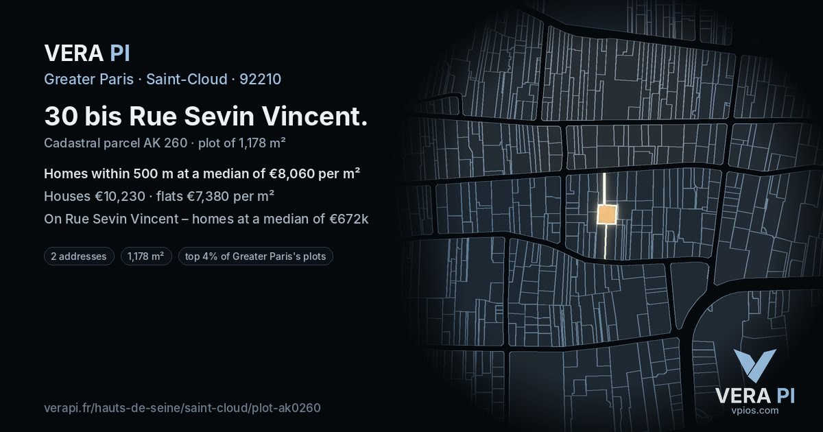 30 bis Rue Sevin Vincent, Saint-Cloud at night – the plot lit, the parcels around coloured by the prices near them