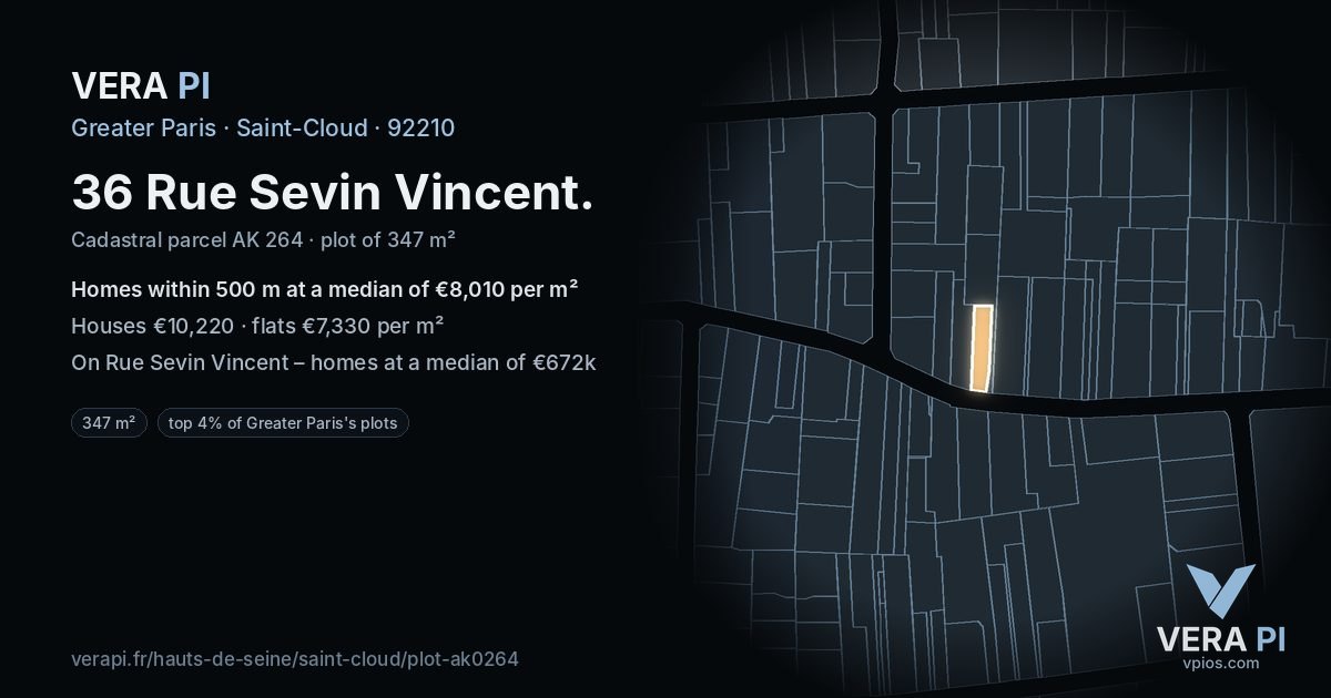 36 Rue Sevin Vincent, Saint-Cloud at night – the plot lit, the parcels around coloured by the prices near them