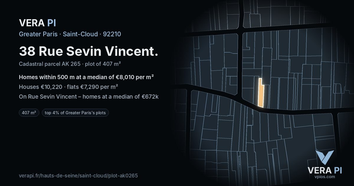 38 Rue Sevin Vincent, Saint-Cloud at night – the plot lit, the parcels around coloured by the prices near them