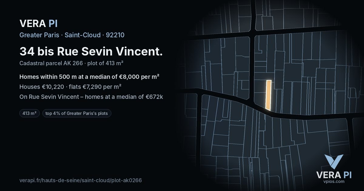 34 bis Rue Sevin Vincent, Saint-Cloud at night – the plot lit, the parcels around coloured by the prices near them