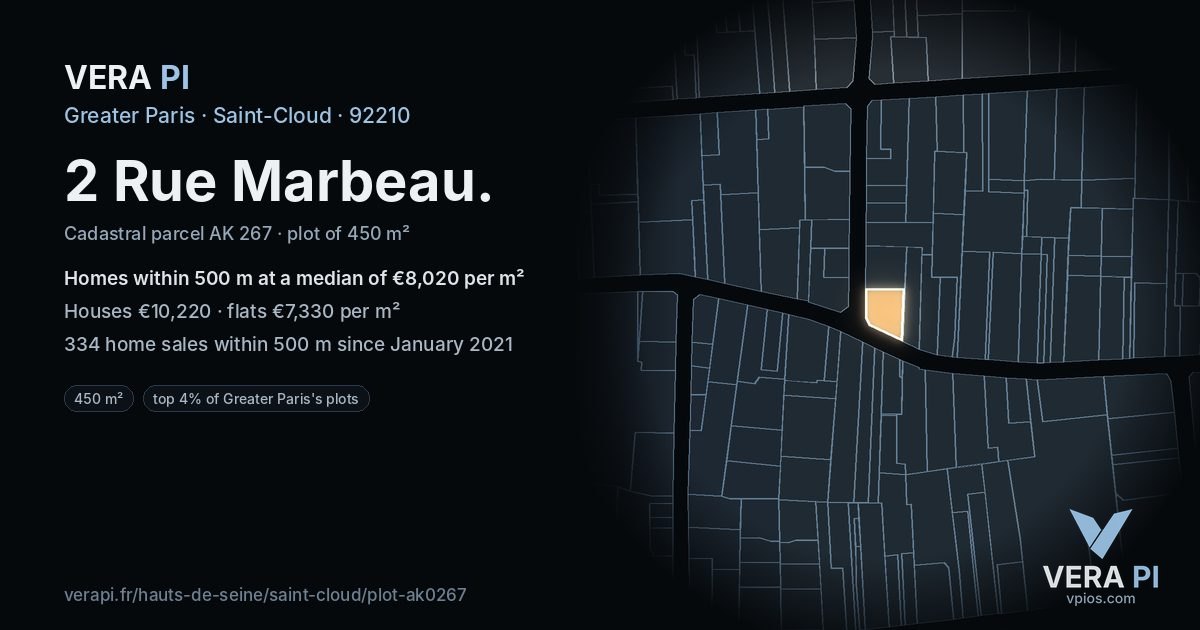 2 Rue Marbeau, Saint-Cloud at night – the plot lit, the parcels around coloured by the prices near them