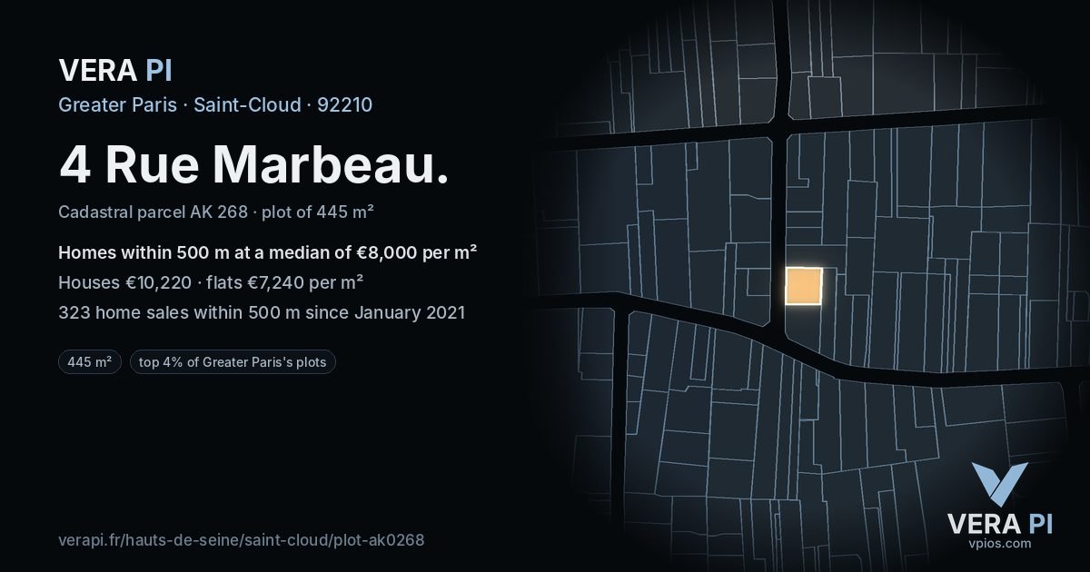 4 Rue Marbeau, Saint-Cloud at night – the plot lit, the parcels around coloured by the prices near them