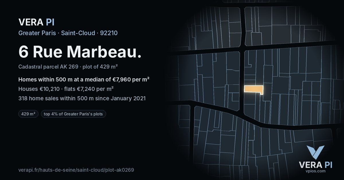 6 Rue Marbeau, Saint-Cloud at night – the plot lit, the parcels around coloured by the prices near them