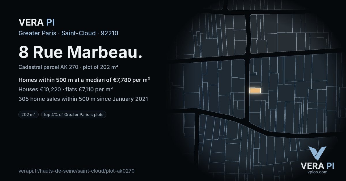 8 Rue Marbeau, Saint-Cloud at night – the plot lit, the parcels around coloured by the prices near them