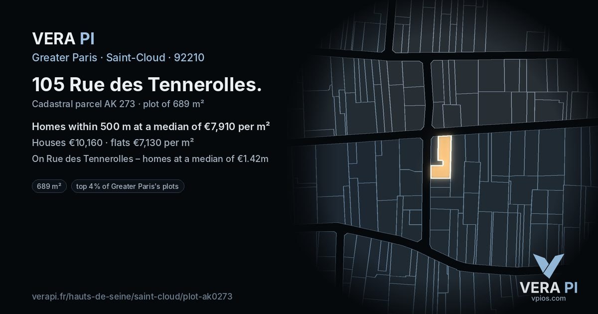 105 Rue des Tennerolles, Saint-Cloud at night – the plot lit, the parcels around coloured by the prices near them