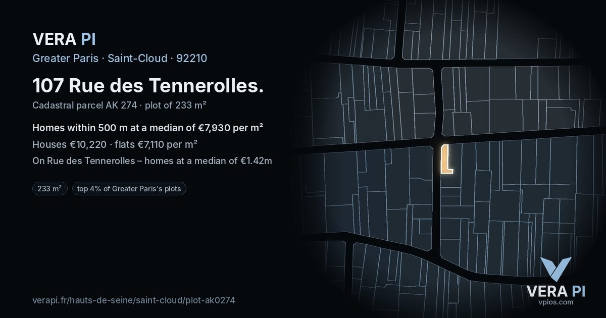 107 Rue des Tennerolles, Saint-Cloud at night – the plot lit, the parcels around coloured by the prices near them