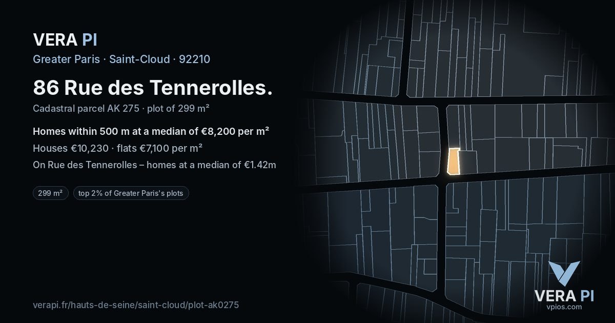 86 Rue des Tennerolles, Saint-Cloud at night – the plot lit, the parcels around coloured by the prices near them